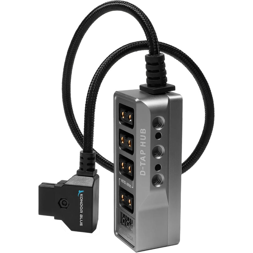 D-Tap to 4-Port Female D-Tap Splitter Hub with Voltmeter (16", Gray)